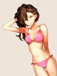  1girl arm_behind_back arm_up armpits bikini bow bow_bikini bra braid breasts breasts_apart brown_hair closed_mouth collarbone commentary_request cowboy_shot cropped eyelashes green_eyes grey_background hand_in_own_hair highres jun_(navigavi) light_blush lips long_hair looking_to_the_side navel nose o-ring o-ring_bra original pink_bikini side-tie_bikini_bottom solo stomach swimsuit thigh_gap thighs underwear 
