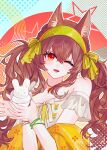  1girl angelina_(arknights) angelina_(festival)_(arknights) animal animal_ear_fluff animal_ears arknights bare_shoulders bracelet brown_hair chinese_commentary commentary_request double-parted_bangs fox_ears fox_girl green_headscarf hair_between_eyes headscarf highres holding holding_animal holding_rabbit jewelry long_hair looking_at_viewer mercury_(xhs_271054083) off-shoulder_shirt off_shoulder one_eye_closed open_mouth rabbit red_eyes shawl shirt smile solo twintails upper_body white_shirt yellow_shawl 