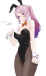  1girl :t alternate_costume alternate_hairstyle animal_ears bare_shoulders black_leotard blue_eyes blush bow bowtie braid breasts brown_pantyhose bunny_day citlali_(genshin_impact) closed_mouth collar commentary_request cowboy_shot detached_collar facial_mark fake_animal_ears forehead_mark genshin_impact gradient_hair hair_intakes hairband high_ponytail highleg highleg_leotard highres leotard long_hair looking_down medium_breasts multicolored_hair nail_polish orange_bow orange_bowtie pantyhose pink_hair pink_pupils playboy_bunny ponytail purple_hair purple_nails rabbit_ears revision ryoku_tyaba sidelocks simple_background solo standing strapless strapless_leotard translation_request triangle triangle_facial_mark twitter_username white_background white_collar white_wrist_cuffs wrist_cuffs 