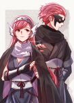  1boy 1girl alternate_costume black_scarf border breasts cherche_(fire_emblem) cherche_(ninja)_(fire_emblem) cleavage closed_mouth commentary_request fire_emblem fire_emblem_awakening fire_emblem_heroes gerome_(fire_emblem) grey_background grey_border hairband highres mask medium_breasts mother_and_child mother_and_son ninja official_alternate_costume outside_border parent_and_child red_eyes red_hair scarf short_hair smile standing yutohiroya 