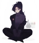  artist_name breasts broken_heart coat commentary dulcielli hanafuda_(project_moon) heart high_ponytail highres library_of_ruina limbus_company medium_breasts meme off_shoulder ponytail project_moon simple_background sybau_(meme) turtleneck white_background 