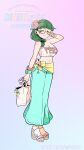  1girl absurdres aqua_skirt bag blunt_bangs bracelet character_name closed_eyes commentary_request flower glasses green_hair hair_flower hair_ornament hand_on_own_face highres holding holding_bag jewelry light_smile mahou_shoujo_ni_akogarete momomori_momo nail_polish official_art ononaka_akihiro pencil_skirt sandals shirt skirt strapless strapless_shirt tote_bag watch wristwatch 