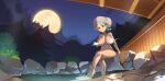  1girl absurdres arm_support barefoot blush_stickers breasts closed_mouth fence green_eyes green_hair grey_hat hand_up hat highres katy_(pokemon) knees large_breasts mole mole_under_eye moon navel night nude onsen orlek outdoors pokemon pokemon_scarlet_and_violet shiny_skin sitting sky smile solo toes water water_drop 