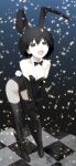  1girl :d absurdres animal_ears artist_name bare_shoulders bent_over black_bow black_bowtie black_eyes black_gloves black_hair black_shoes black_thighhighs blue_background bob_cut bow bowtie breasts breasts_squeezed_together bunny_day checkered_floor cleavage collarbone commentary confetti detached_collar elbow_gloves empty_eyes fishnet_pantyhose fishnets full_body gloves gradient_background grey_background hair_between_eyes hands_on_own_thigh high_heels highleg highleg_leotard highres kikumaru_bunta leaning_forward leotard looking_at_viewer monogatari_(series) open_mouth oshino_ougi pale_skin pantyhose pigeon-toed playboy_bunny rabbit_ears rabbit_tail shoes short_hair signature small_breasts smile solo standing strapless strapless_leotard tail thigh_gap thighhighs thighhighs_over_pantyhose tile_floor tiles translated v_arms 