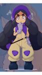  1girl absurdres afuron belt black_belt black_boots black_hair blush_stickers bonnet boots bright_pupils brown_jumpsuit closed_mouth commentary_request eyelashes gloves grey_eyes grey_gloves hand_on_own_hip hand_up hapu_(pokemon) highres jumpsuit letterboxed long_hair mudsdale pokemon pokemon_(creature) pokemon_sun_and_moon purple_bonnet sidelocks standing white_pupils 