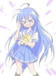  >_< 1girl :3 ahoge black_socks blue_hair blue_sailor_collar blue_skirt blush bow closed_eyes collarbone commentary dot_nose double_horizontal_stripe feet_out_of_frame hair_between_eyes hands_up highres izumi_konata kmym97457689 long_hair lucky_star midriff_peek miniskirt mole mole_under_eye open_mouth pleated_skirt ryouou_school_uniform sailor_collar school_uniform serafuku shirt short_sleeves simple_background skirt smile socks solo standing straight_hair untranslatable_commentary very_long_hair white_background white_shirt yellow_bow 