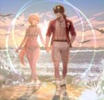  1boy 1girl abs absurdres art_undertaker beach bikini black_eyes black_hair blonde_hair collared_shirt commander_(girls'_frontline) eyewear_on_head full_body girls'_frontline girls'_frontline_2:_exilium groza_(girls'_frontline_2) hand_in_pocket highres holding_hands jewelry leisurely_heat_(girls'_frontline_2) long_hair looking_at_another looking_to_the_side multi-strapped_bikini_bottom navel necklace official_alternate_costume open_clothes open_mouth open_shirt ots-14_(girls'_frontline) outdoors red_shirt sandals shirt shorts standing sunglasses sunset swimsuit wading white_bikini white_shorts yellow_eyes 