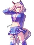  1girl absurdres animal_ears blue_boots blue_jacket blue_skirt boots breasts commentary cropped_jacket curren_chan_(umamusume) dixie_cup_hat ear_covers ears_through_headwear grey_hair hair_between_eyes hat highres horse_ears horse_girl horse_tail jacket kasei_ovo long_sleeves looking_at_viewer midriff military_hat open_mouth pacific_racing_team purple_eyes race_queen salute short_hair simple_background skirt smile solo tail thigh_boots umamusume white_background 