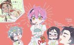  3boys 3girls alien_stage black_hair blank_eyes blonde_hair collared_shirt commentary_request crying dark-skinned_female dark_skin fang food food_in_mouth french_fries glasses green_shirt headset highres holding holding_tray hug hyuna_(alien_stage) ivan_(alien_stage) long_hair luka_(alien_stage) microphone mizi_(alien_stage) multiple_boys multiple_girls pink_background ponytail purple_eyes red-framed_eyewear sakizome shirt short_hair streaming_tears striped_clothes sua_(alien_stage) tears till_(alien_stage) translation_request tray two-tone_shirt vertical-striped_clothes very_short_hair visor_cap waiter waitress white_shirt yellow_eyes 