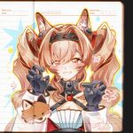  1girl absurdres angelina_(arknights) angelina_the_mellow_wish_(arknights) animal_ear_fluff animal_ears arknights black_collar black_gloves black_hairband blush_stickers brown_hair chinese_commentary claw_pose collar commentary_request dot_nose flower fox fox_ears fox_girl gloves grin hair_between_eyes hairband hands_up highres infection_monitor_(arknights) ji_(xhs_26724879301) lined_paper long_hair long_sleeves looking_at_viewer outline paper_background smile solo twintails upper_body yellow_outline 