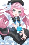  1boy :d angel_wings beret black_bow black_bowtie black_hat black_skirt blue_eyes blue_flower blue_gem blue_ribbon blue_rose blunt_bangs bow bowtie brooch child clock_over_orquesta collared_shirt commentary_request cowboy_shot crossdressing crossdressing_(mtf) fake_wings flower frilled_skirt frills gem hat hat_bow hat_flower incoming_gift jewelry kanyoko_(yuzukano_17) long_hair looking_at_viewer male_focus medium_skirt neck_ribbon official_artist_extra outstretched_arms pink_hair ribbon rose shirt short_bangs short_sleeves simple_background skirt smile solo suspender_skirt suspenders teeth tenma_rikka trap upper_teeth_only white_background white_flower white_shirt white_wings wings 