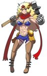  abs axe battle_axe bikini_top blonde_hair blue_hair boots breasts clenched_hand commentary_request cutoffs full_body gauntlets hair_ornament head_wings licking_lips long_hair matsuda_yuusuke medium_breasts muscle over_shoulder red_scarf scarf sexy_yuusha short_shorts shorts solo star thigh_boots thighhighs tongue tongue_out weapon weapon_over_shoulder yuusha_to_maou 