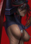  1girl arm_up black_hair blue_eyes breasts commentary_request eyelashes from_side hair_between_eyes highres holding holding_sword holding_weapon kill_la_kill large_breasts lips looking_at_viewer looking_down matoi_ryuuko messy_hair multicolored_hair nose parted_lips red_background red_hair revealing_clothes ribs scissor_blade_(kill_la_kill) senketsu shiny_skin short_hair sidelocks simple_background solo suspenders susudango sword teeth two-tone_hair underboob weapon 