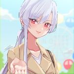  1girl blue_sky blurry blurry_background brown_coat cloud coat commentary day eiai_nano eyes_visible_through_hair ferris_wheel grey_hair hair_between_eyes kimi_no_koto_ga_dai_dai_dai_dai_daisuki_na_100-nin_no_kanojo light_blush low_ponytail offering_hand outdoors ponytail red_eyes signature sky smile solo syuuka617 untranslatable_commentary upper_body watermark 