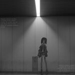  1girl absurdres bob_cut commentary_request cropped_shirt english_text fishnet_thighhighs fishnets greyscale highres jacket looking_at_viewer mirrored_text monochrome narue off_shoulder open_clothes open_jacket original photo_background short_shorts shorts solo standing thighhighs 