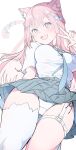  1girl animal_ears belt blue_bow blue_necktie blue_ribbon blue_skirt blush bow braid breasts cat_ears cat_girl cat_hair_ornament cat_tail collarbone commentary_request garter_straps hair_bow hair_ornament hairclip highres indie_virtual_youtuber large_breasts necktie open_mouth panties pantyshot pink_eyes pink_hair pink_tail pleated_skirt ribbon school_uniform shirt short_sleeves simple_background single_garter_strap single_thighhigh skirt smile solo star_(symbol) star_hair_ornament suo_(esu) tail tail_ornament tail_ribbon thigh_belt thigh_strap thighhighs thighs underwear virtual_youtuber w white_background white_belt white_garter_straps white_panties white_shirt white_thighhighs yuuki_sakuna 