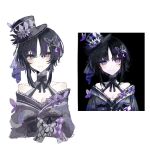  1girl bare_shoulders black_hair black_hat black_kimono bow breasts butterfly_hair_ornament butterfly_hat_ornament cleavage closed_mouth commentary_request cropped_torso dress flower hair_ornament hat hat_flower hat_ornament highres housho_margo japanese_clothes kimono lolita_fashion looking_at_viewer mahou_shoujo_no_majo_saiban mini_hat mini_top_hat neck_ribbon off-shoulder_dress off_shoulder purple_eyes r0_s12 reference_inset ribbon short_hair simple_background smile solo straight-on top_hat upper_body wa_lolita white_background 