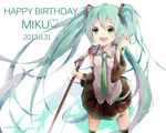  2013 character_name dated detached_sleeves green_eyes green_hair happy_birthday hatsune_miku highres long_hair microphone microphone_stand necktie omui open_mouth skirt solo thighhighs twintails very_long_hair vocaloid 