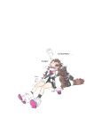  1girl absurdres ahoge animal_ear_fluff animal_ears arknights backpack bag bahao_diqiu black_bag black_gloves black_shoes black_shorts black_socks brown_hair chinese_commentary chinese_text closed_eyes commentary_request detached_sleeves drooling flipped_hair full_body giving_up_the_ghost gloves hair_between_eyes hair_ornament hairclip highres invisible_chair long_hair messy_hair mouth_drool multicolored_gloves multicolored_hair official_artist_extra raccoon_ears raccoon_girl shoe_soles shoes shorts sitting socks solo tail timeslot_(arknights) translation_request two-tone_gloves 