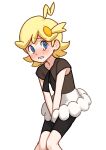  1boy absurdres ahoge between_legs bike_shorts bike_shorts_under_skirt blonde_hair blue_eyes blush bonnie_(pokemon) bonnie_(pokemon)_(cosplay) brown_shirt clemont_(pokemon) commentary_request cosplay crossdressing crossdressing_(mtf) hand_between_own_legs highres knees_together_feet_apart looking_at_viewer male_focus medium_hair no_eyewear okomeyama pokemon pokemon_x_and_y raised_inner_eyebrows shirt short_sleeves simple_background skirt solo tearing_up white_background white_skirt 