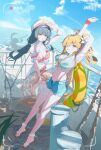  2girls absurdres aqua_bikini ball beachball bikini black_hair blonde_hair blue_sky breasts chisa_(peach_parfait)_(wuthering_waves) chisa_(wuthering_waves) commentary day denim denim_shorts english_commentary food food_in_mouth hat highres holding holding_swim_ring large_breasts long_hair looking_at_viewer lynae_(peppermint)_(wuthering_waves) lynae_(wuthering_waves) multiple_girls ocean official_alternate_costume one_eye_closed outdoors parted_lips pink_bikini plaid_bikini plaid_clothes pocky pocky_in_mouth red_eyes shirt shorts sky smile stretching swim_ring swimsuit viewfinder white_hat white_shirt wturnip wuthering_waves 