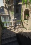  1girl alternate_costume amane_kanata arch arched_window boots bridge capelet castle commentary_request day expressionless fantasy fujidora_jp grey_capelet grey_hair hair_intakes highres hololive kite_shield plant railing ruins scenery shadow shield solo stairs standing sunlight sword vines virtual_youtuber weapon wide_shot window 