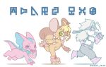  3girls all_fours antenna_hair arm_cannon bandana bandana_around_neck belt black_pants blonde_hair blue_bow blue_bowtie blue_eyes blush_stickers boots bow bowtie buck_teeth colored_shadow colored_skin digimoji digimon digimon_(creature) elizamon eye_mask fang fins full-length_zipper furry furry_female green_eyes head_fins highres ineeda lizard lizard_tail long_hair looking_ahead looking_at_viewer mask multiple_girls open_mouth pants pink_skin red_bandana red_belt red_boots red_eyes roller_skates running safety_pin safety_pin_earring safety_pin_piercing shadow shoeshoemon sideways_glance simple_background skates smile smug squirrel_costume squirrel_girl squirrel_tail tail teeth twitter_username weapon white_background white_hair wolvermon zipper zipper_pull_tab 
