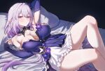  1girl arm_up armpits breasts butterfly_hair_ornament castorice_(gossamer_flutter)_(honkai:_star_rail) castorice_(honkai:_star_rail) commentary detached_sleeves dress dress_flower flower hair_intakes hair_ornament head_on_pillow highres honkai:_star_rail honkai_(series) kadokadokado large_breasts long_hair looking_at_viewer lying official_alternate_costume on_back parted_lips pillow pointy_ears purple_dress purple_eyes purple_flower purple_nails solo strapless strapless_dress 
