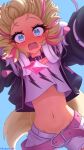  1girl absurdres belt black_collar black_jacket blonde_hair blue_background blue_eyes blush breasts collar collarbone commentary crop_top dog_tail english_commentary fangs girl_on_top headphones headphones_around_neck highres hololive hololive_english jacket jewelry lukari mococo_abyssgard multicolored_hair navel open_mouth pendant pink_belt pink_hair pull_cord shorts simple_background small_breasts solo stomach surprised tail tank_top twitter_username unzipped virtual_youtuber white_shorts wide-eyed 