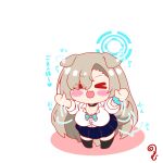  >_< 1girl :3 :d afterimage animal_ears asuna_(blue_archive) black_choker black_socks blue_archive blue_bow blue_bowtie blue_halo blue_scrunchie blue_skirt blush_stickers bow bowtie breasts brown_hair chibi chibi_only choker cleavage closed_eyes commentary dog_ears dog_girl dog_tail ear_wiggle eyes_visible_through_hair fang full_body hair_over_one_eye halo kemonomimi_mode kneehighs kurukurumagical large_breasts long_hair motion_lines no_shoes open_mouth outstretched_arms pleated_skirt scrunchie shirt short_sleeves simple_background skin_fang skirt smile socks solo standing tail tail_wagging translated very_long_hair white_background white_shirt wrist_scrunchie x3 xd 