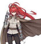  1girl black_pants breasts brown_cape cape closed_mouth detached_sleeves floating_hair hair_between_eyes hand_up highres long_hair long_sleeves original pants piripun ponytail red_eyes red_hair shirt signature simple_background sleeveless sleeveless_shirt small_breasts solo v-shaped_eyebrows very_long_hair white_background white_shirt white_sleeves 