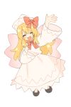  1girl :d ^_^ black_shoes blonde_hair blush bow bowtie closed_eyes commentary_request dress edamanecha facing_viewer fairy fairy_wings full_body hat hat_bow highres lily_white long_hair long_sleeves pink_wings red_bow red_bowtie shoes smile solo touhou very_long_hair white_dress white_hat wide_sleeves wings 