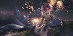  1girl aerial_fireworks beach breasts chinese_commentary commentary_request dress fireworks highres holding holding_fireworks large_breasts looking_at_viewer mannaha7 medium_hair night pink_hair purple_eyes remielle_dan solo thighhighs thighs white_dress white_thighhighs white_wings wings zenless_zone_zero 