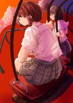  2girls black_hair brown_hair cloud commentary english_commentary fisheye hair_ornament highres iwakura_lain looking_back mizuki_alice multiple_girls oisiiidoo on_swing orange_sky plaid_clothes plaid_skirt pleated_skirt school_uniform serial_experiments_lain shirt short_hair sitting skirt sky swing white_shirt x_hair_ornament 