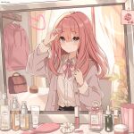  1girl absurdres amayui_moka bag bow bowtie brown_bag closed_mouth collared_shirt commentary_request curtains hair_between_eyes heart highres hood hoodie indoors jacket long_hair long_sleeves mirror nishiki_yuno open_clothes open_jacket pink_bow pink_bowtie pink_hair pink_hoodie school_bag school_uniform shirt smile solo virtual_youtuber vspo! window 
