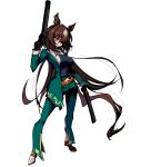  132109chisato 1girl absurdres animal_ears asymmetrical_footwear black_shirt black_shoes breasts brown_hair commentary english_commentary full_body green_jacket green_pants gun handgun highres holding holding_gun holding_weapon horse_ears horse_girl horse_tail jacket long_hair looking_at_viewer medium_breasts mismatched_footwear pants shirt shoes simple_background sirius_symboli_(feroce)_(umamusume) sirius_symboli_(umamusume) solo tail umamusume weapon white_background white_shoes 