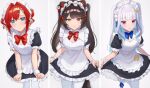  3girls alternate_costume ange_katrina animal_ears apron black_dress blue_bow blue_bowtie blue_eyes blue_hair blush bow bowtie breasts brown_tail character_hair_ornament cleavage cleavage_cutout closed_mouth clothing_cutout colored_inner_hair column_lineup commentary_request dog_ears dog_girl dog_tail dress frilled_apron frilled_dress frilled_sleeves frills grey_background hair_intakes hair_ornament heterochromia holding_own_dress inui_toko lize_helesta long_hair looking_at_viewer maid maid_apron maid_headdress medium_breasts medium_hair multicolored_hair multiple_girls nijisanji puffy_short_sleeves puffy_sleeves purple_eyes red_bow red_bowtie red_eyes red_hair sanbaka_(nijisanji) sazao2130 sebastian_piyodore short_dress short_sleeves sidelocks simple_background small_breasts streaked_hair tail thighhighs twintails two-tone_hair two_side_up virtual_youtuber white_apron white_hair white_headdress white_thighhighs white_wrist_cuffs wrist_cuffs yellow_eyes 