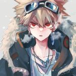  1boy adapted_costume alternate_costume aqua_pupils bakugou_katsuki black_jacket bleeding blonde_hair blood blood_on_face boku_no_hero_academia boku_no_hero_academia_2nd_popularity_poll character_name collarbone commentary_request crew_neck cuts fur-trimmed_hood fur-trimmed_jacket fur_trim goggles goggles_on_head grey_shirt hair_between_eyes highres hood hood_down hooded_jacket injury jacket jewelry looking_at_viewer male_focus multiple_necklaces nao_(n_sai_ao) necklace parted_lips partial_commentary red_eyes sanpaku shirt short_hair simple_background snowing solo spiked_hair steam_from_mouth stitches straight-on t-shirt tooth_necklace tsurime twitter_username upper_body v-shaped_eyebrows winter_clothes 