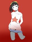 1boy bow briefs collarbone commentary_request grin hair_bow kanabun_(shoujo_tsubaki) kneeling limited_palette long_hair mainstand male_focus male_underwear male_underwear_pull off_shoulder ponytail print_shirt red_background shirt shoujo_tsubaki simple_background smile solo star_(symbol) star_print trap underwear 