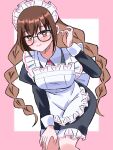  1girl absurdres aged_up apron black-framed_eyewear blush braid brown_eyes brown_hair commentary cowboy_shot enmaided frilled_apron frills glasses hand_on_own_knee hand_up highres iin_chiyo iin_chiyo_(hyakkano_party) kimi_no_koto_ga_dai_dai_dai_dai_daisuki_na_100-nin_no_kanojo leaning_forward long_hair long_sleeves looking_at_viewer maid maid_apron maid_headdress maid_tiger pink_background simple_background smile solo twin_braids very_long_hair white_apron 