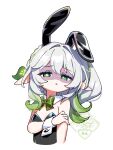  1girl absurdres alternate_costume animal_ears bare_shoulders black_leotard bow bowtie breasts collar commentary_request cropped_torso detached_collar fake_animal_ears genshin_impact gradient_hair green_bow green_bowtie green_eyes green_hair hair_between_eyes hair_ornament hand_on_own_arm highres leaf_hair_ornament leotard long_hair looking_at_viewer multicolored_hair nahida_(genshin_impact) oishii_sasa parted_lips playboy_bunny pointy_ears rabbit_ears side_ponytail simple_background small_breasts solo star-shaped_pupils star_(symbol) strapless strapless_leotard symbol-shaped_pupils white_background white_collar white_hair white_wrist_cuffs wrist_cuffs 