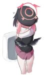  1girl absurdres black_hat black_shirt black_wings blue_archive clothes_lift commentary_request darin6 feathered_wings from_behind halo hat head_wings highres imminent_peeing koharu_(blue_archive) korean_commentary low_wings medium_hair pink_hair pink_halo pink_skirt pleated_skirt sailor_collar shirt skirt skirt_lift solo twintails urinal white_sailor_collar wings 