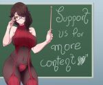  1girl absurdres alternate_costume black_hair breasts chalkboard cinder_fall commentary english_commentary english_text glasses highres large_breasts leotard maik_beelzebub pantyhose rwby shirt sleeveless sleeveless_shirt solo thighhighs thong thong_leotard virgin_killer_sweater wooden_staff yellow_eyes 
