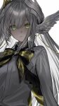  +_+ 1girl absurdres artist_name black_bow black_bowtie bow bowtie closed_mouth commentary_request copyright_name gawako head_wings headgear highres long_hair long_sleeves looking_at_viewer original shirt simple_background solo upper_body white_background white_hair white_shirt wings yellow_eyes 
