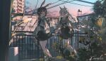  2girls absurdres amiya_(arknights) animal_ears arknights bare_legs brown_hair building cat_girl chinese_commentary commentary coomlee highres holding_hands long_hair long_sleeves looking_at_another multiple_girls rabbit_girl rosmontis_(arknights) skirt white_hair 