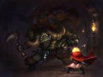  1boy belt black_belt black_boots blonde_hair boots brick_wall brown_horns brown_shirt chain chain_necklace cloak closed_mouth colored_skin commentary_request dungeon facing_another fantasy fighting_stance fire full_body fur-trimmed_cloak fur_trim glowing glowing_eyes green_skin hands_up highres holding holding_sickle holding_sword holding_weapon hood hood_down hooded_cloak horns jewelry jun_(navigavi) key key_necklace male_focus monster muscular necklace no_pupils nose original pelvic_curtain red_cloak shirt short_hair sickle sparkle standing sword toes torch tusks vambraces weapon yellow_eyes 