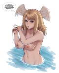  1girl absurdres alt_text annoyed blue_eyes breasts brown_hair collarbone commentary english_commentary english_text eunie_(xenoblade) evomanaphy head_wings highres large_breasts looking_at_viewer nipples partially_submerged solo speech_bubble upper_body v-shaped_eyebrows wet wings xenoblade_chronicles_(series) xenoblade_chronicles_3 