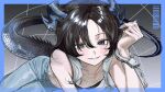  1girl absurdres barcode black_bra black_hair blue_border blue_eyes blue_hair blue_horns blue_nails blue_pants blue_tail border bra breasts cuffs denim dragon_girl dragon_horns dragon_tail fangs fangs_out fingernails grin hair_between_eyes handcuffs highres horns jeans long_fingernails looking_at_viewer multicolored_hair nail_polish no_shirt original pants parted_hair sigta single_handcuff small_breasts smile solo tail thigh_gap thighs_together two-tone_hair underwear 