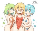 3girls bikini blonde_hair blue_bikini blue_eyes blue_hair blush breasts cleavage closed_mouth collarbone commentary covered_navel cowboy_shot dated full_cleavage green_eyes green_hair highleg highleg_one-piece_swimsuit highres large_breasts long_hair multiple_girls one-piece_swimsuit open_mouth orange_eyes orange_slingshot_swimsuit original oyatsu_(mk2) red_one-piece_swimsuit redrawn short_hair simple_background slingshot_swimsuit small_breasts star_(symbol) swimsuit thigh_gap twitter_username white_background 