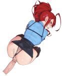  1boy 1girl ahoge anus ass bent_over black_shoes black_skirt black_thighhighs blue_hair blue_shirt breasts clothes_lift clothing_aside collared_shirt cum cum_in_pussy cum_overflow disembodied_penis elizabeth_rose_bloodflame hetero highres hololive hololive_english huge_ahoge just_the_tip large_breasts long_hair looking_back open_mouth panties panties_aside pencil_skirt penis police police_uniform ponytail rat_huang red_eyes red_hair sex sex_from_behind shirt shirt_tucked_in shoes simple_background single_hair_intake skirt skirt_lift solo_focus standing_doggystyle thighhighs underwear vaginal virtual_youtuber white_background 